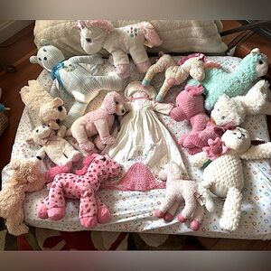 Vintage Baby Girl Plush Animals Pink Bundle Cream, Doll, Babyshower Handcrafted